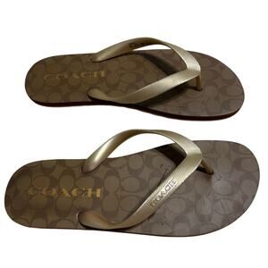 Coach Flip Flops Thongs Sandals Women's Size 10 10B Brown Gold Logo Pool Beach